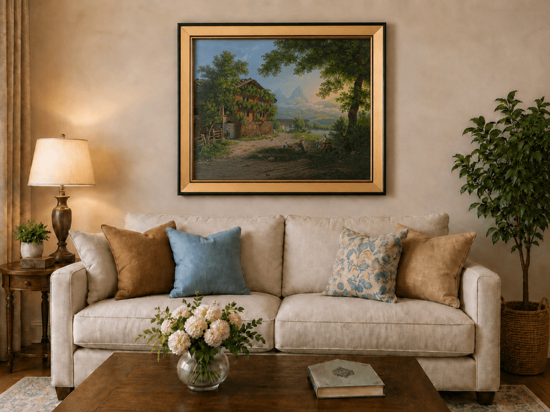 Landscape Oil Painting - Alpine Chalet and Riverside Family Scene