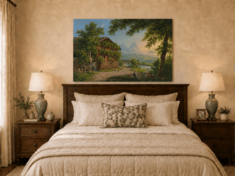 Landscape Oil Painting - Alpine Chalet and Riverside Family Scene