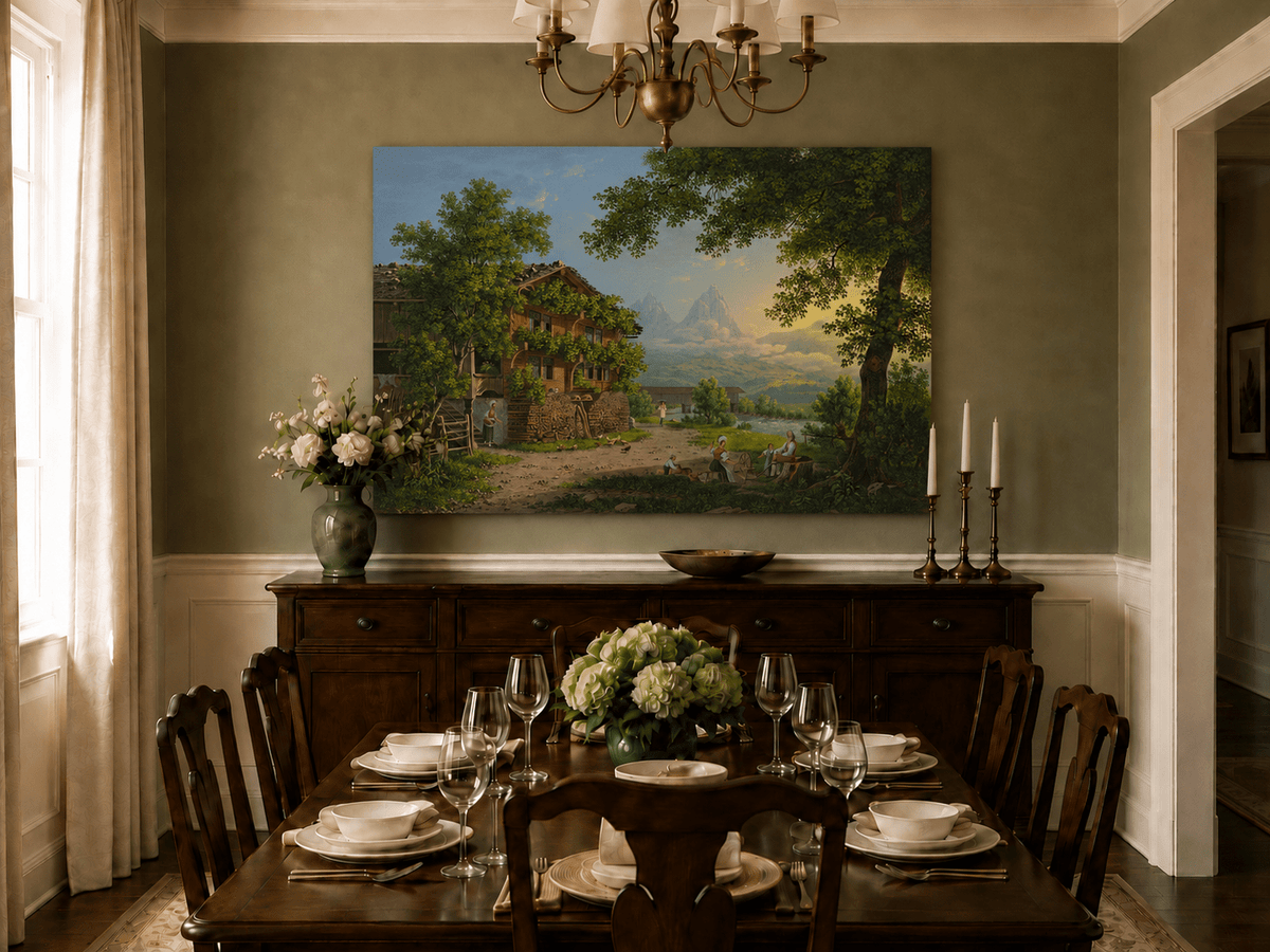 Landscape Oil Painting - Alpine Chalet and Riverside Family Scene