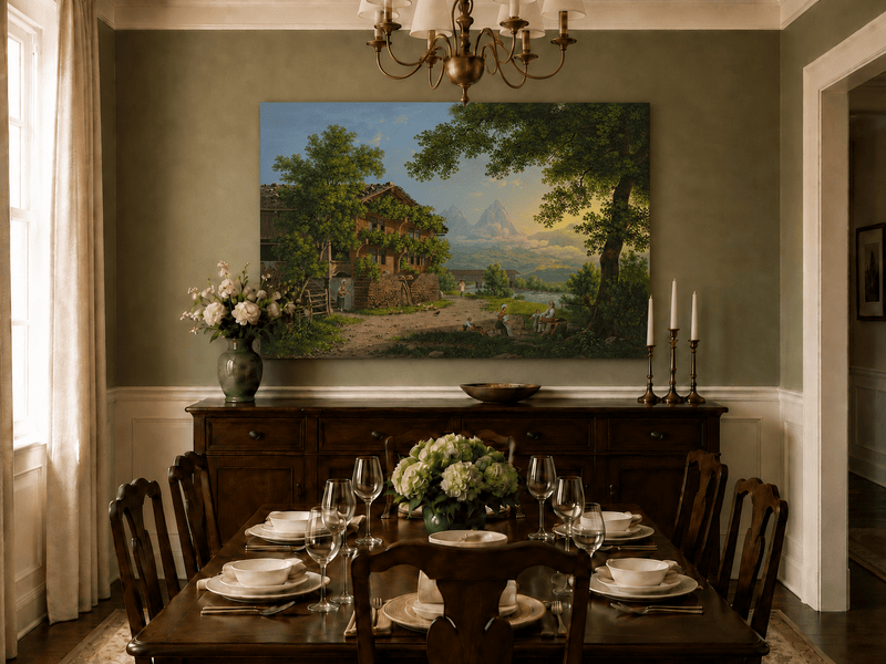 Landscape Oil Painting - Alpine Chalet and Riverside Family Scene