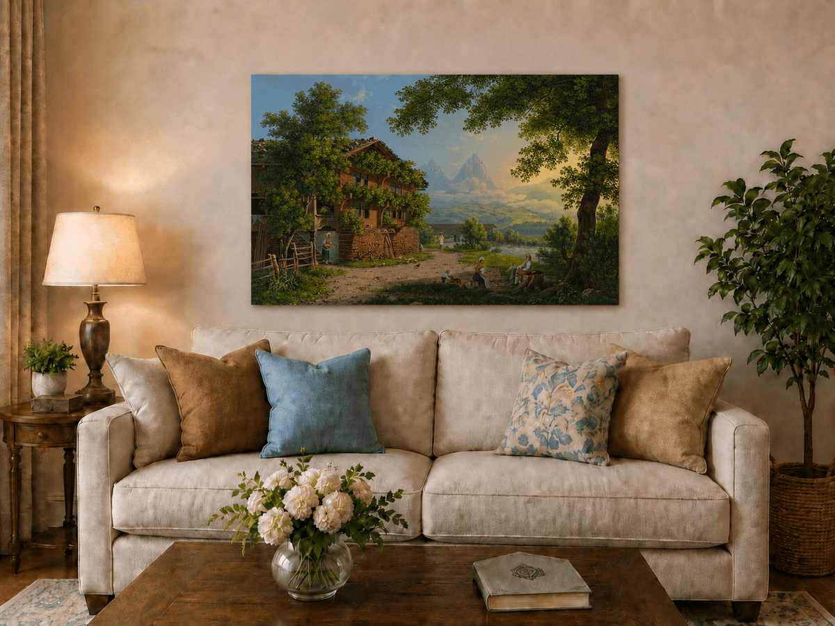 Landscape Oil Painting - Alpine Chalet and Riverside Family Scene