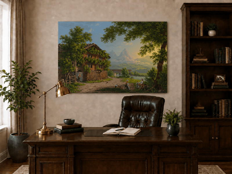 Landscape Oil Painting - Alpine Chalet and Riverside Family Scene