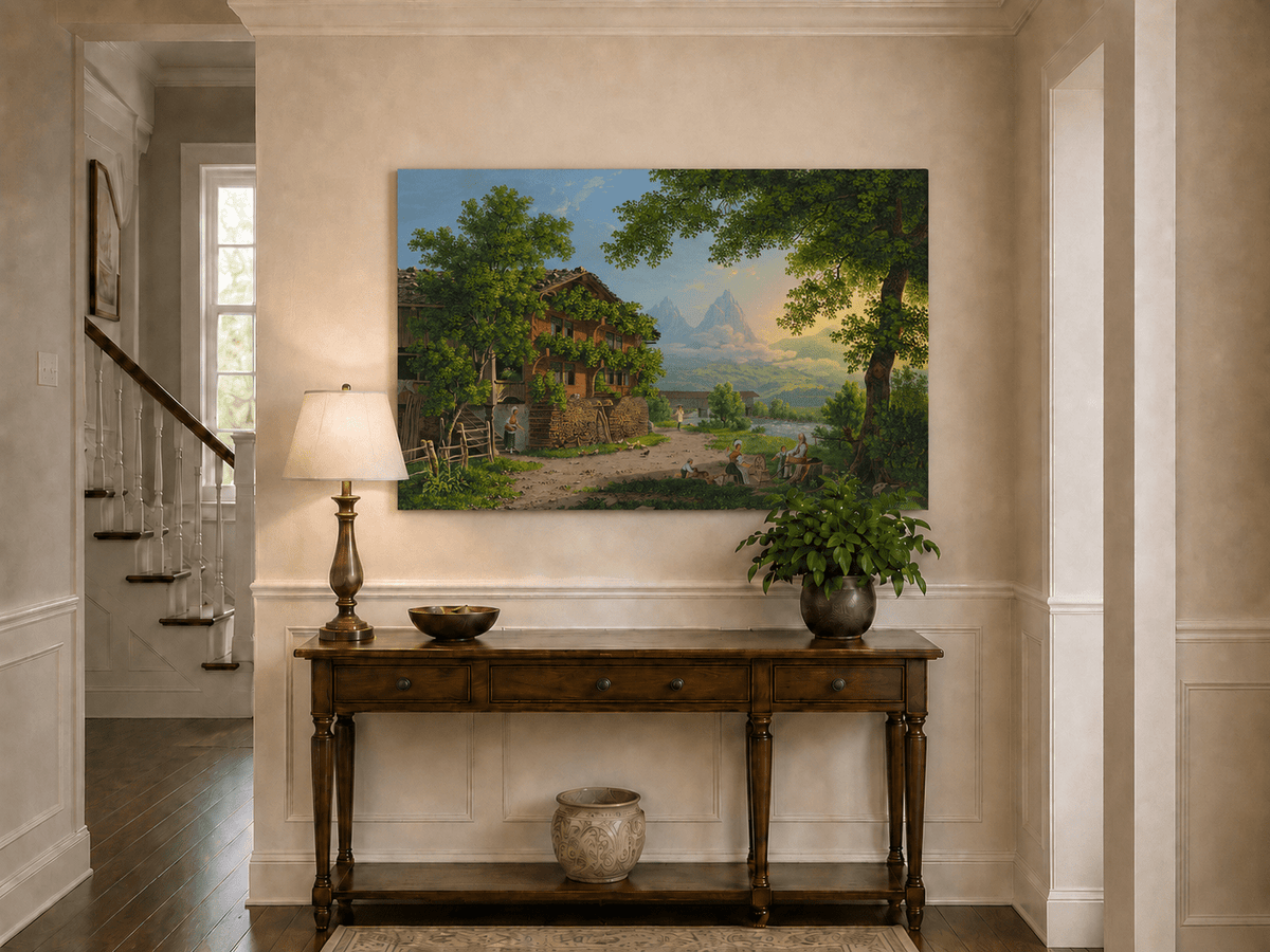 Landscape Oil Painting - Alpine Chalet and Riverside Family Scene