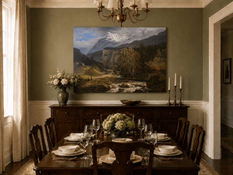 Hand-painted alpine chalet landscape artwork in an interior display.