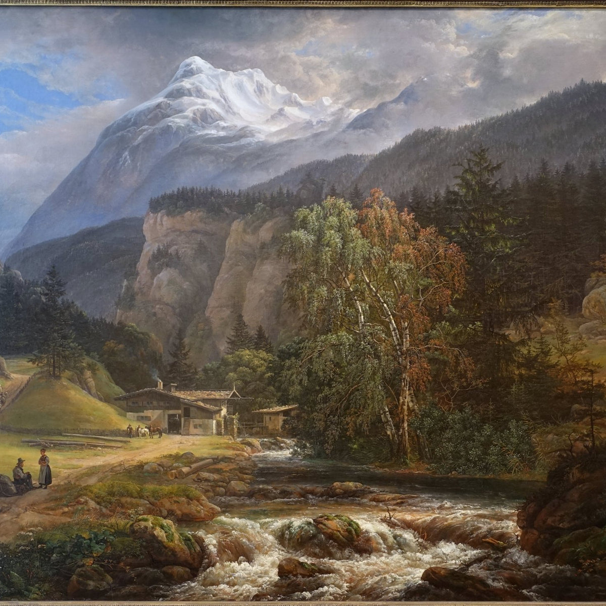 Landscape Oil Painting - Alpine Chalet by River and Peaks - Oil Painting Haven