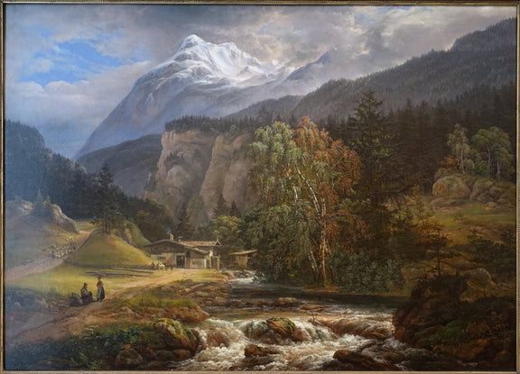 Landscape Oil Painting - Alpine Chalet by River and Peaks - Oil Painting Haven