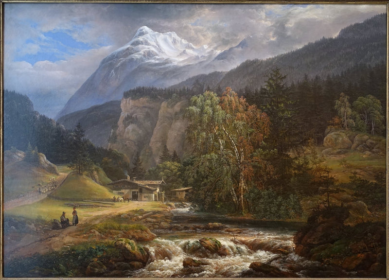 Landscape Oil Painting - Alpine Chalet by River and Peaks - Oil Painting Haven