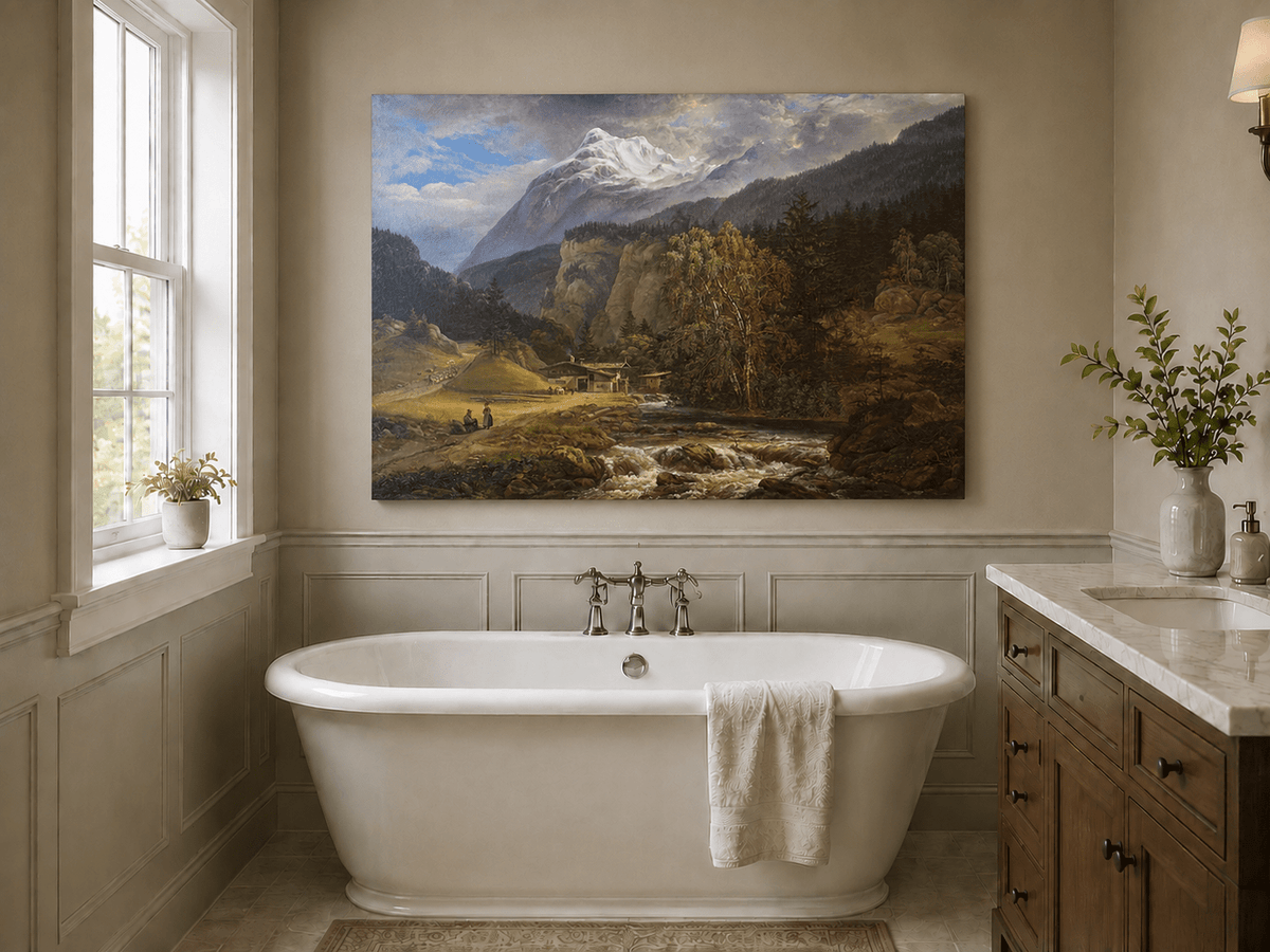 Alpine chalet by river and peaks landscape oil painting presented as styled home decor.