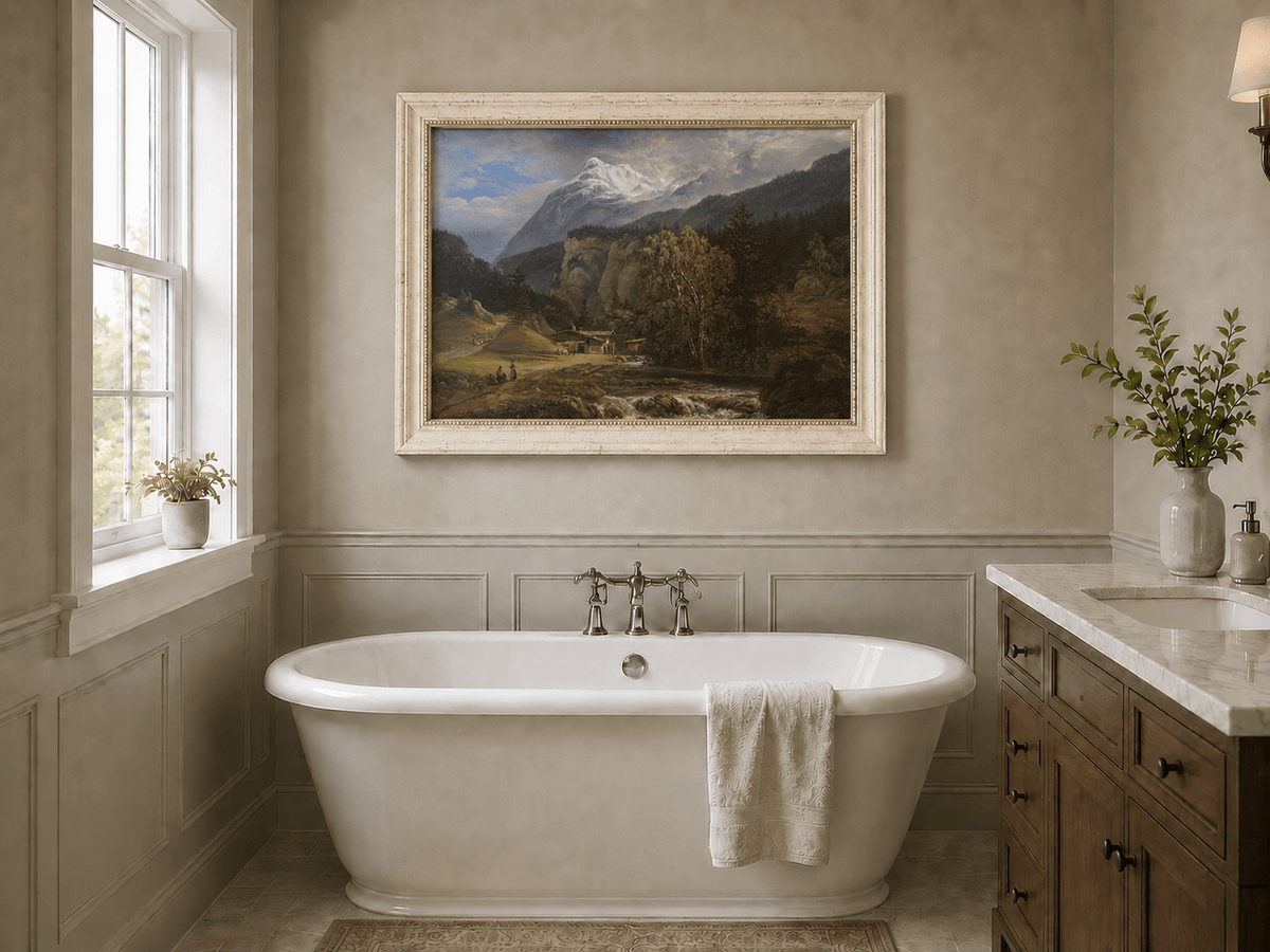Alpine mountain landscape oil painting presented as interior home decor.