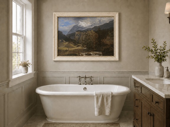 Alpine mountain landscape oil painting presented as interior home decor.