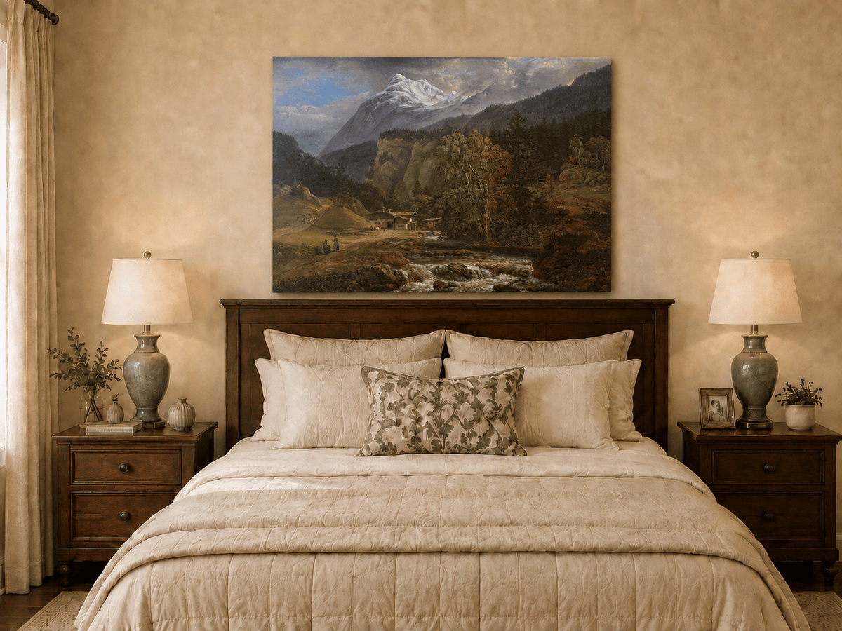 Alpine chalet and river oil painting displayed as landscape wall decor.