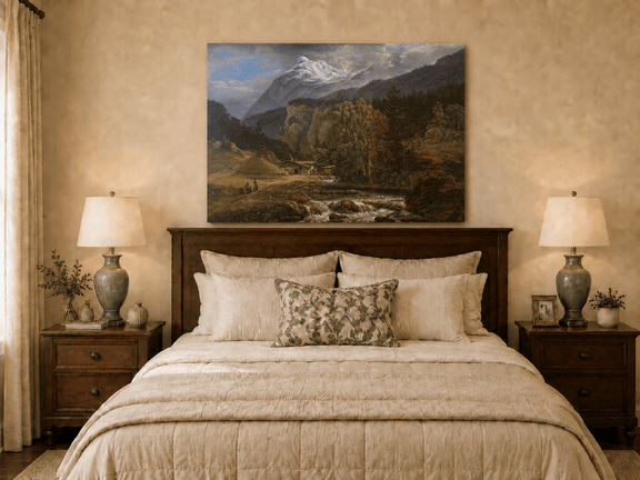 Alpine chalet and river oil painting displayed as landscape wall decor.
