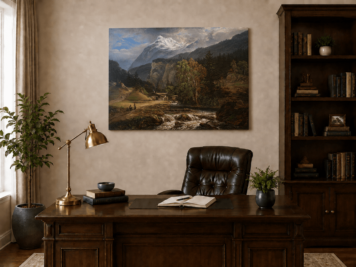Interior wall art view featuring an alpine chalet by river and peaks oil painting.