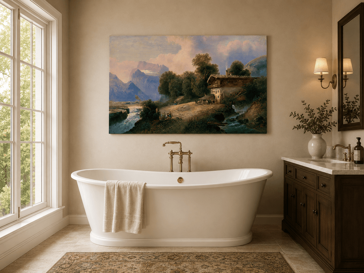 Alpine chalet, mountain river and snowy peaks landscape oil painting presented as styled home decor.
