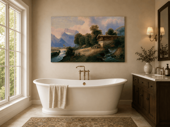 Alpine chalet, mountain river and snowy peaks landscape oil painting presented as styled home decor.