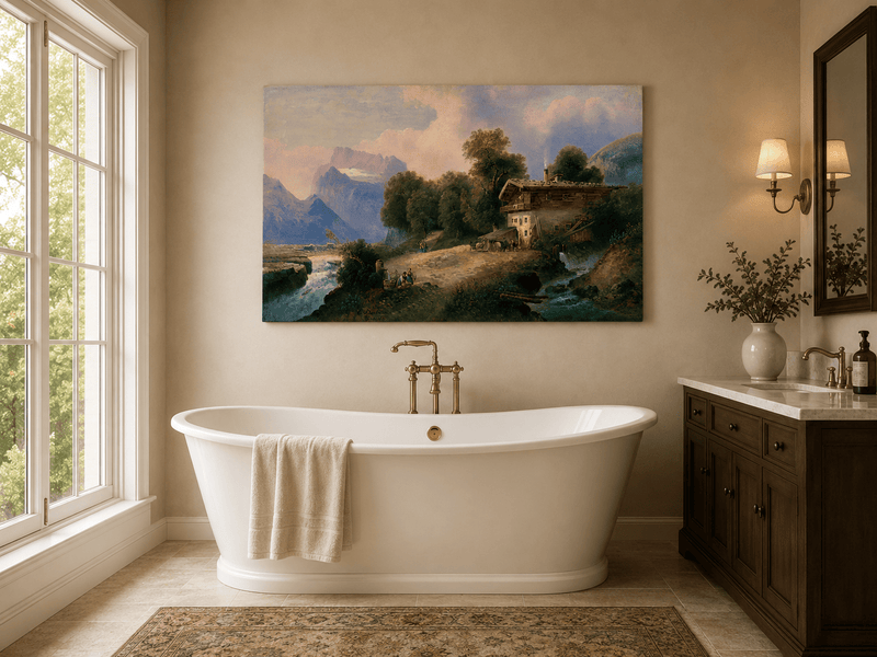 Alpine chalet, mountain river and snowy peaks landscape oil painting presented as styled home decor.