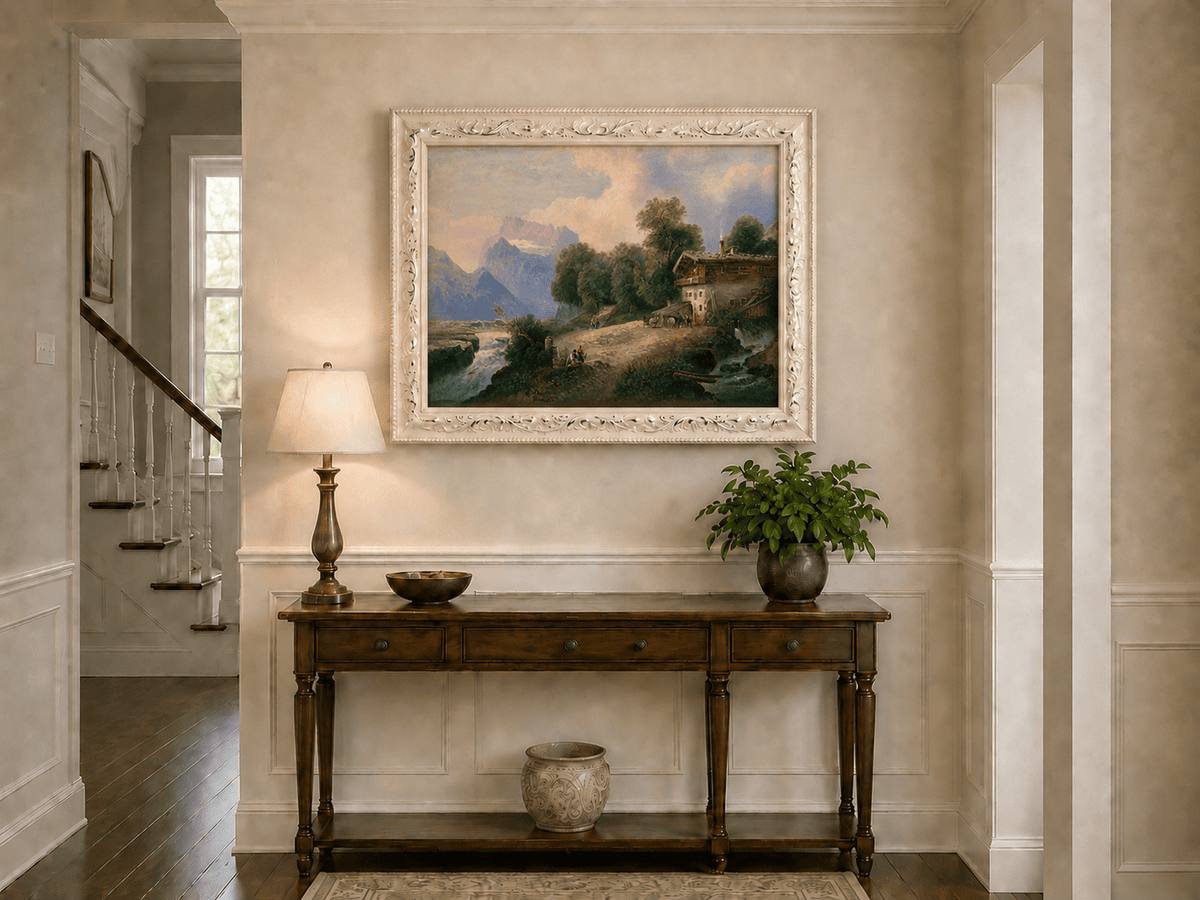Alpine chalet, mountain river and snowy peaks hand-painted oil artwork shown as home wall decor.