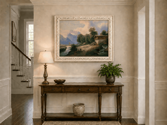 Alpine chalet, mountain river and snowy peaks hand-painted oil artwork shown as home wall decor.