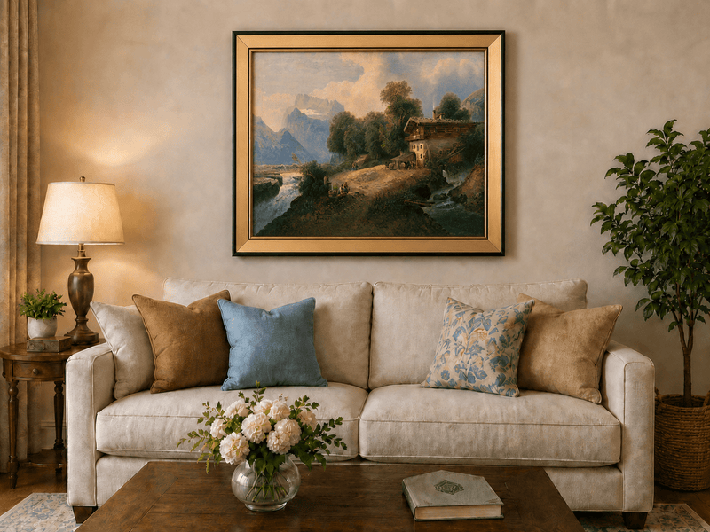Alpine chalet by a mountain river with snowy peaks landscape oil painting displayed in a styled home interior.