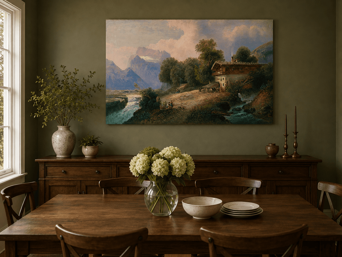 Hand-painted alpine chalet and mountain river landscape artwork in an interior display.