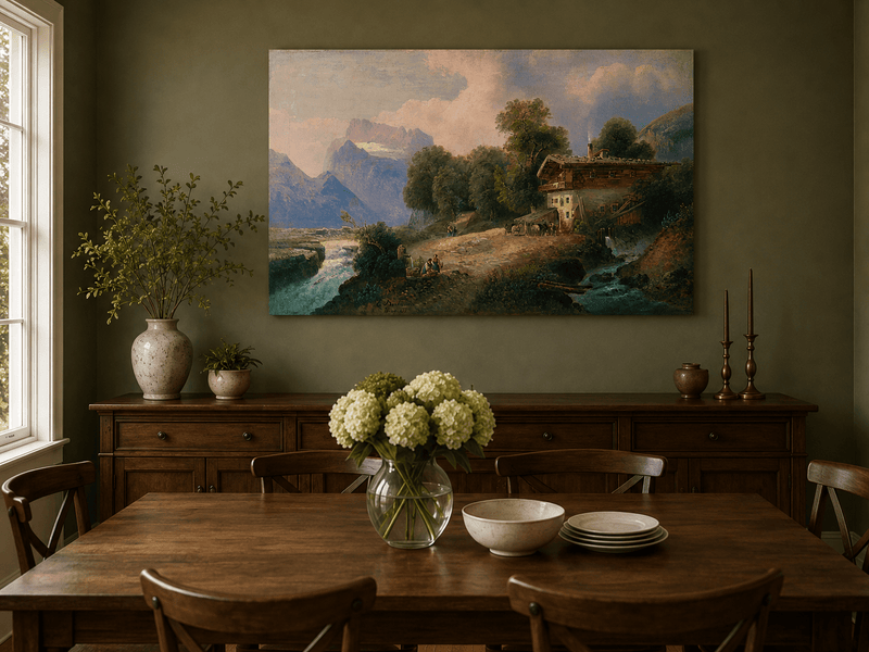 Hand-painted alpine chalet and mountain river landscape artwork in an interior display.
