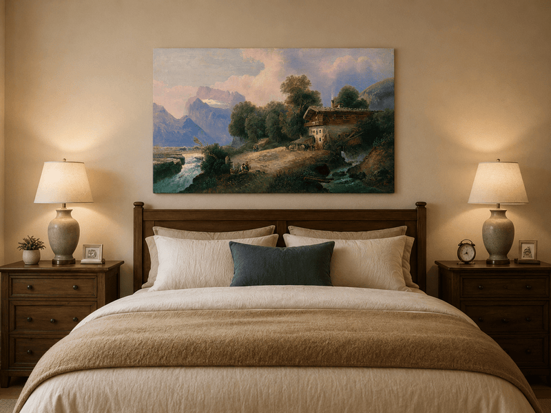 Alpine chalet and snowy peaks oil painting displayed as landscape wall decor.