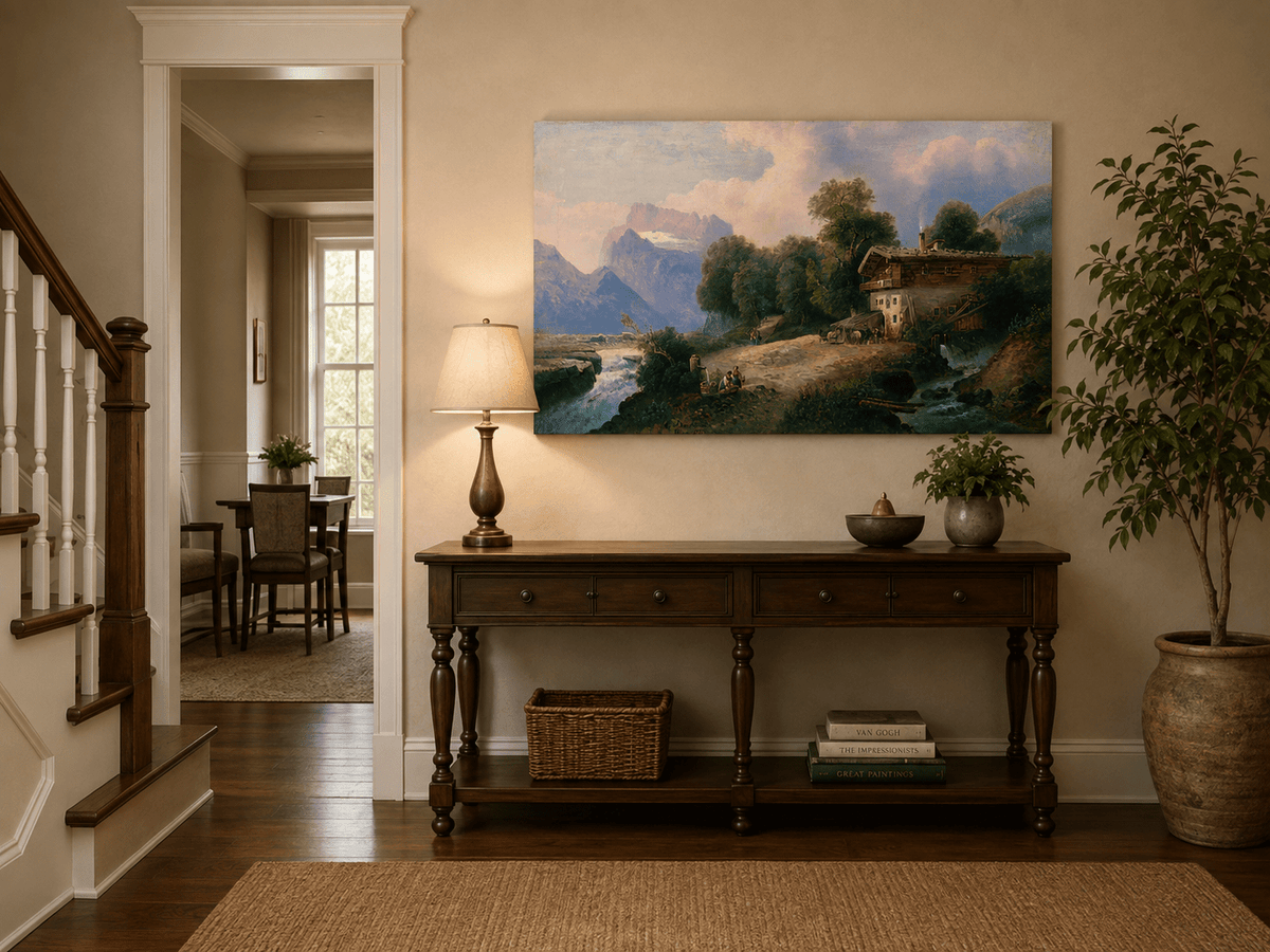 Snowy alpine peaks and river landscape painting shown as decorative oil wall art.
