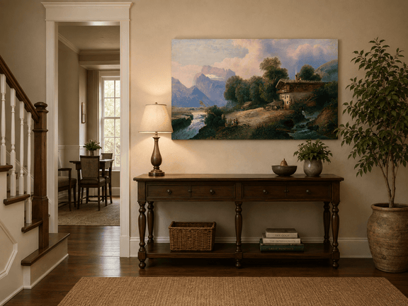 Snowy alpine peaks and river landscape painting shown as decorative oil wall art.