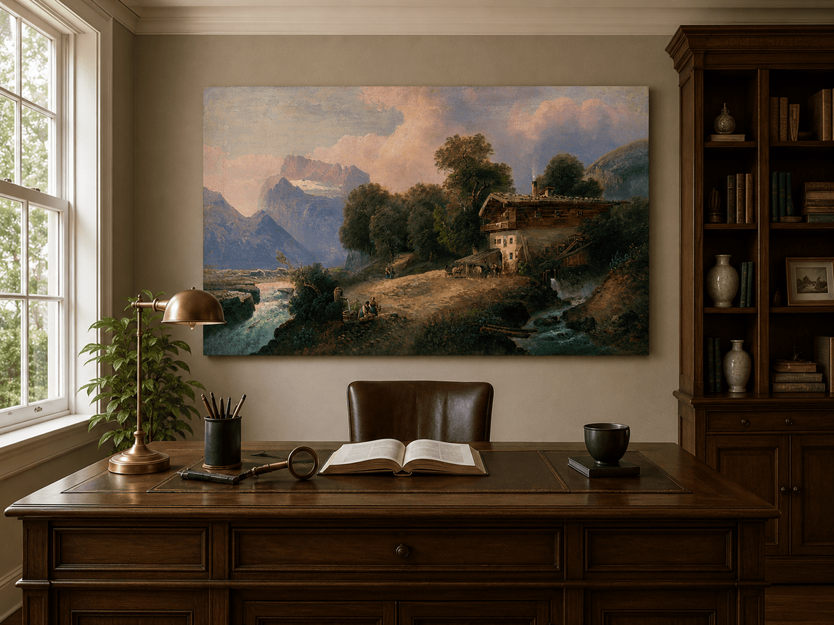 Interior wall art view featuring an alpine chalet, mountain river and snowy peaks oil painting.