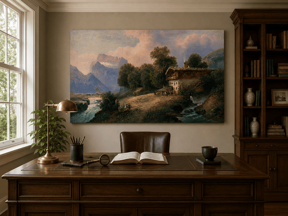 Interior wall art view featuring an alpine chalet, mountain river and snowy peaks oil painting.