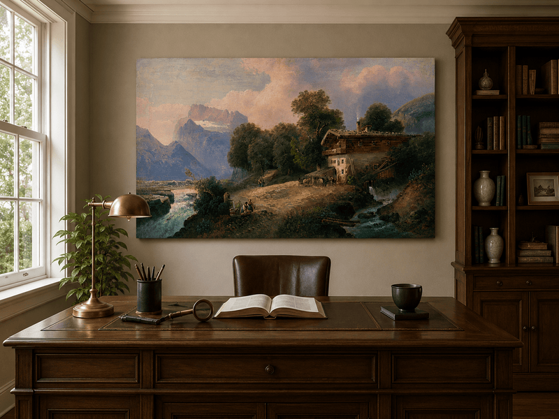 Interior wall art view featuring an alpine chalet, mountain river and snowy peaks oil painting.
