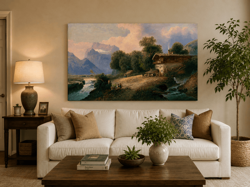 Alpine chalet and mountain river hand-painted oil artwork displayed in a second interior view.