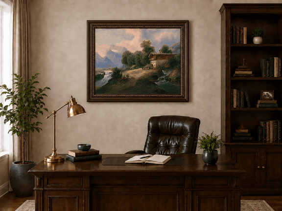 Alpine chalet and mountain river landscape oil painting presented in an interior wall art mockup.