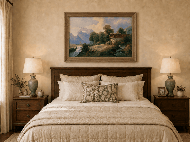 Hand-painted alpine chalet with snowy peaks artwork displayed as decorative wall art.
