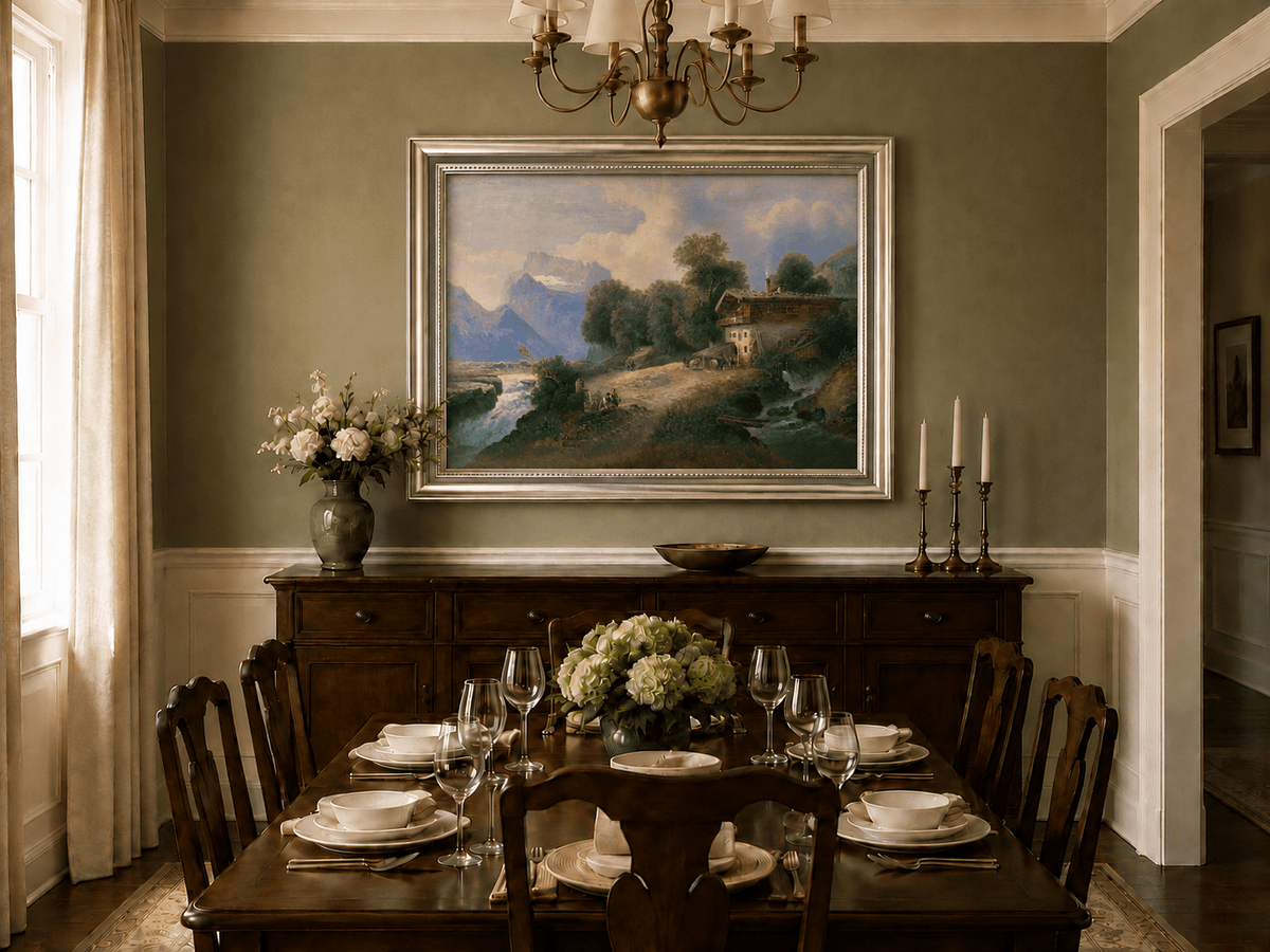 Alpine mountain river and chalet oil landscape artwork shown in a styled home interior.