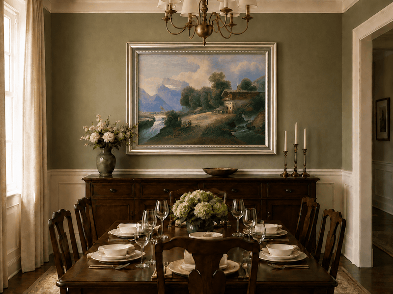 Alpine mountain river and chalet oil landscape artwork shown in a styled home interior.