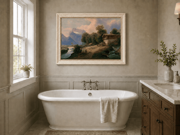 Alpine chalet with snowy mountain peaks landscape oil painting presented as interior home decor.