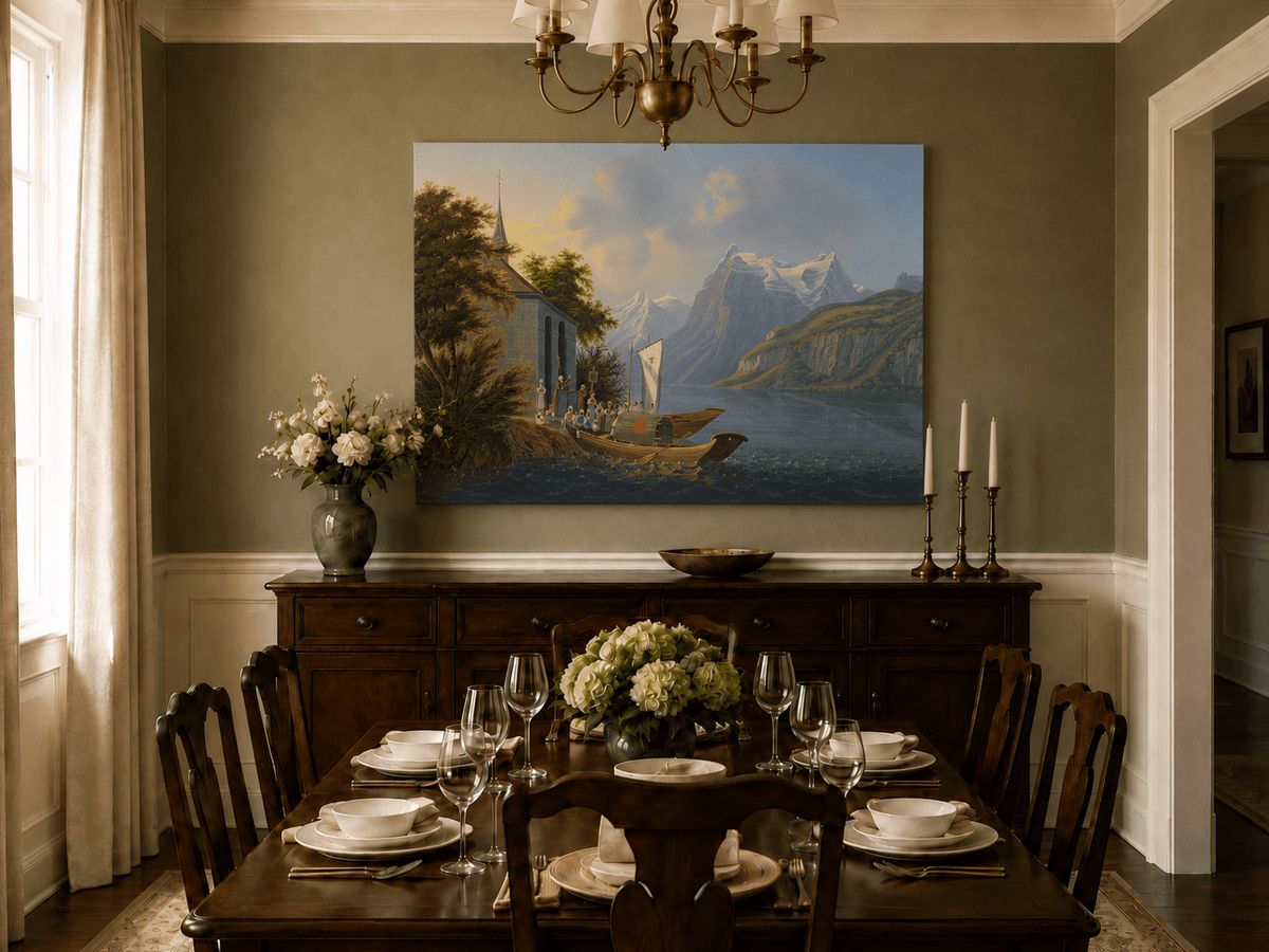 Landscape Oil Painting - Alpine Church and Mountain Lake Boat