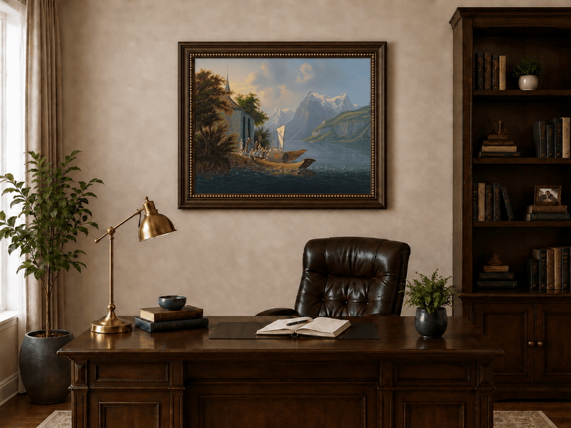 Landscape Oil Painting - Alpine Church and Mountain Lake Boat