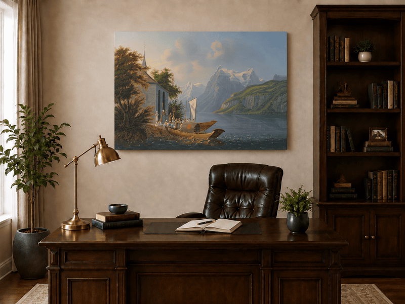 Landscape Oil Painting - Alpine Church and Mountain Lake Boat