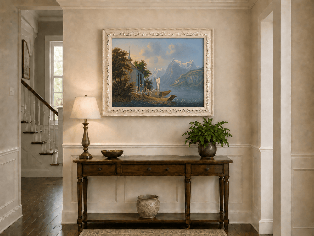 Landscape Oil Painting - Alpine Church and Mountain Lake Boat