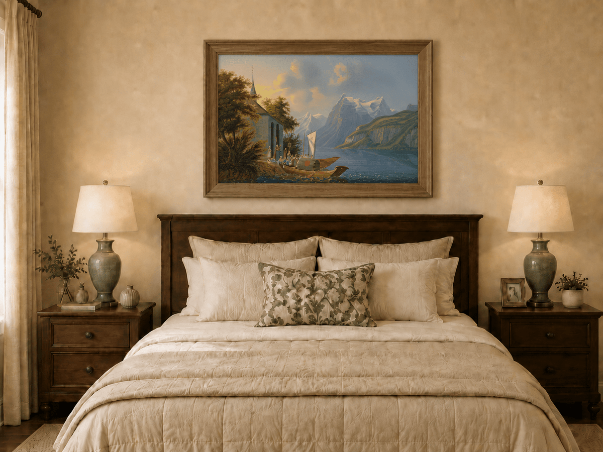 Landscape Oil Painting - Alpine Church and Mountain Lake Boat