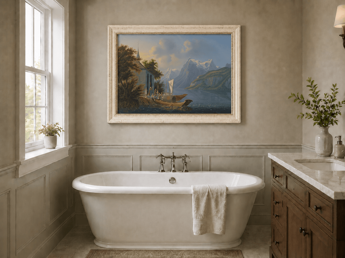 Landscape Oil Painting - Alpine Church and Mountain Lake Boat