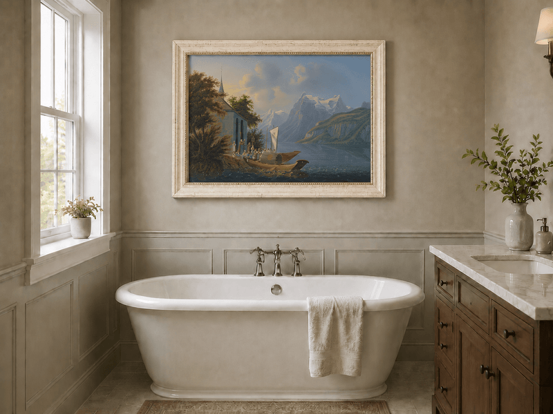 Landscape Oil Painting - Alpine Church and Mountain Lake Boat