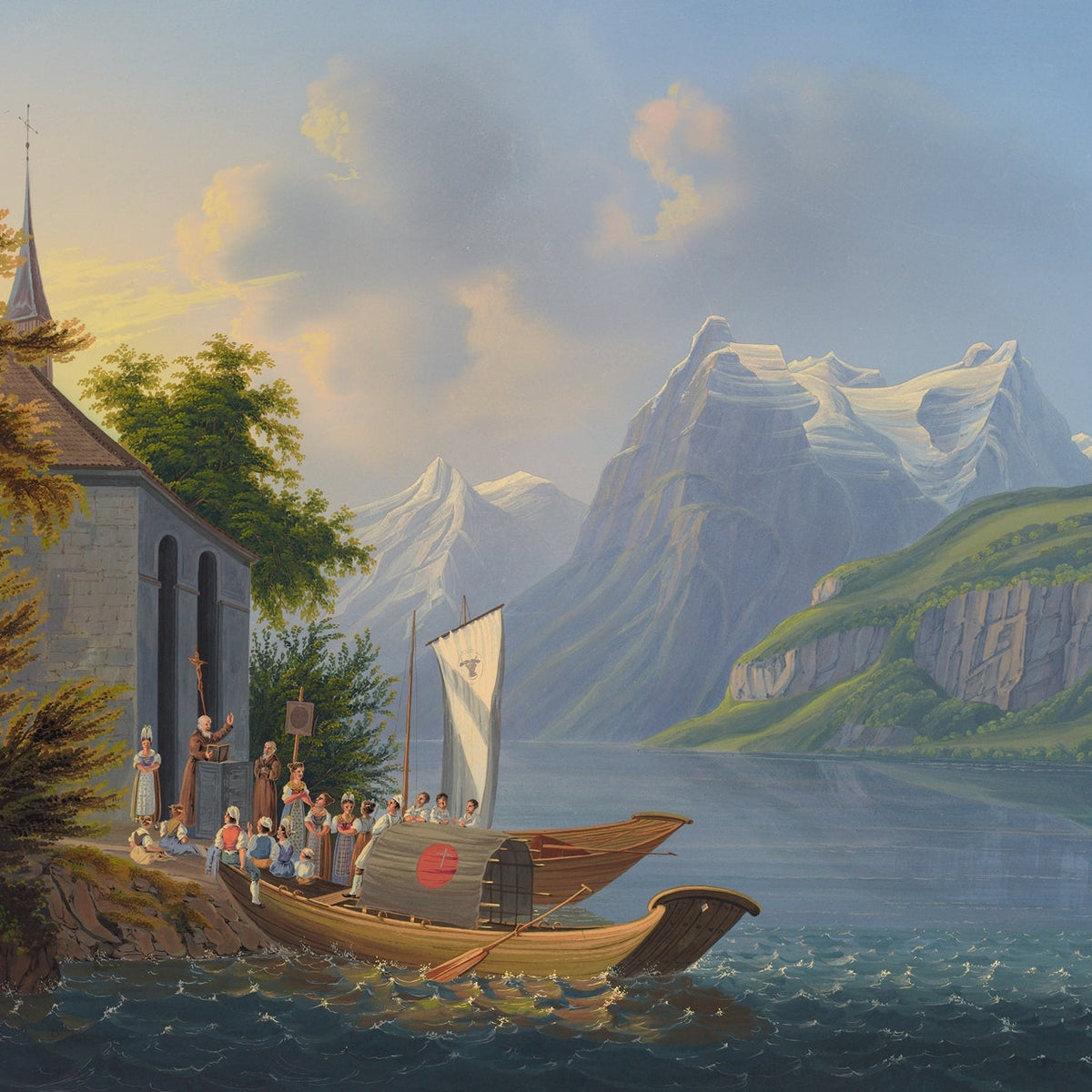 Hand-painted alpine church and mountain lake boat landscape oil painting on canvas