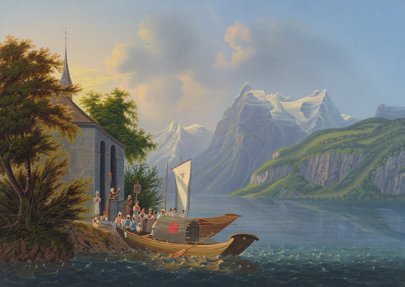 Hand-painted alpine church and mountain lake boat landscape oil painting on canvas