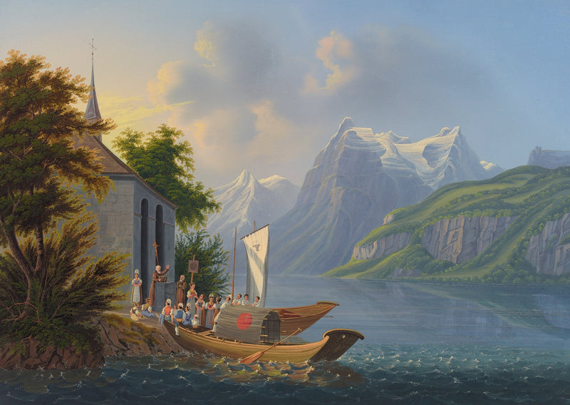 Hand-painted alpine church and mountain lake boat landscape oil painting on canvas