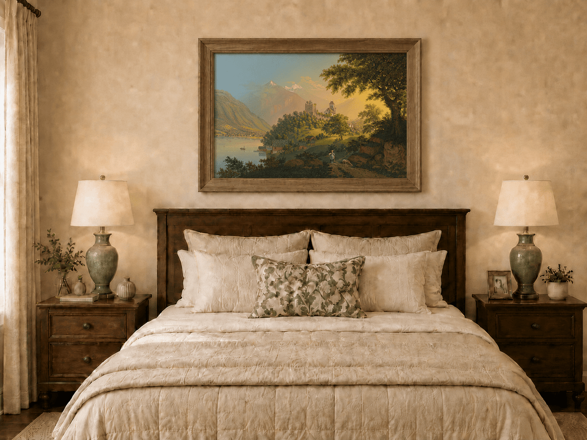 Landscape Oil Painting - Alpine Church, Lake and Mountain Village