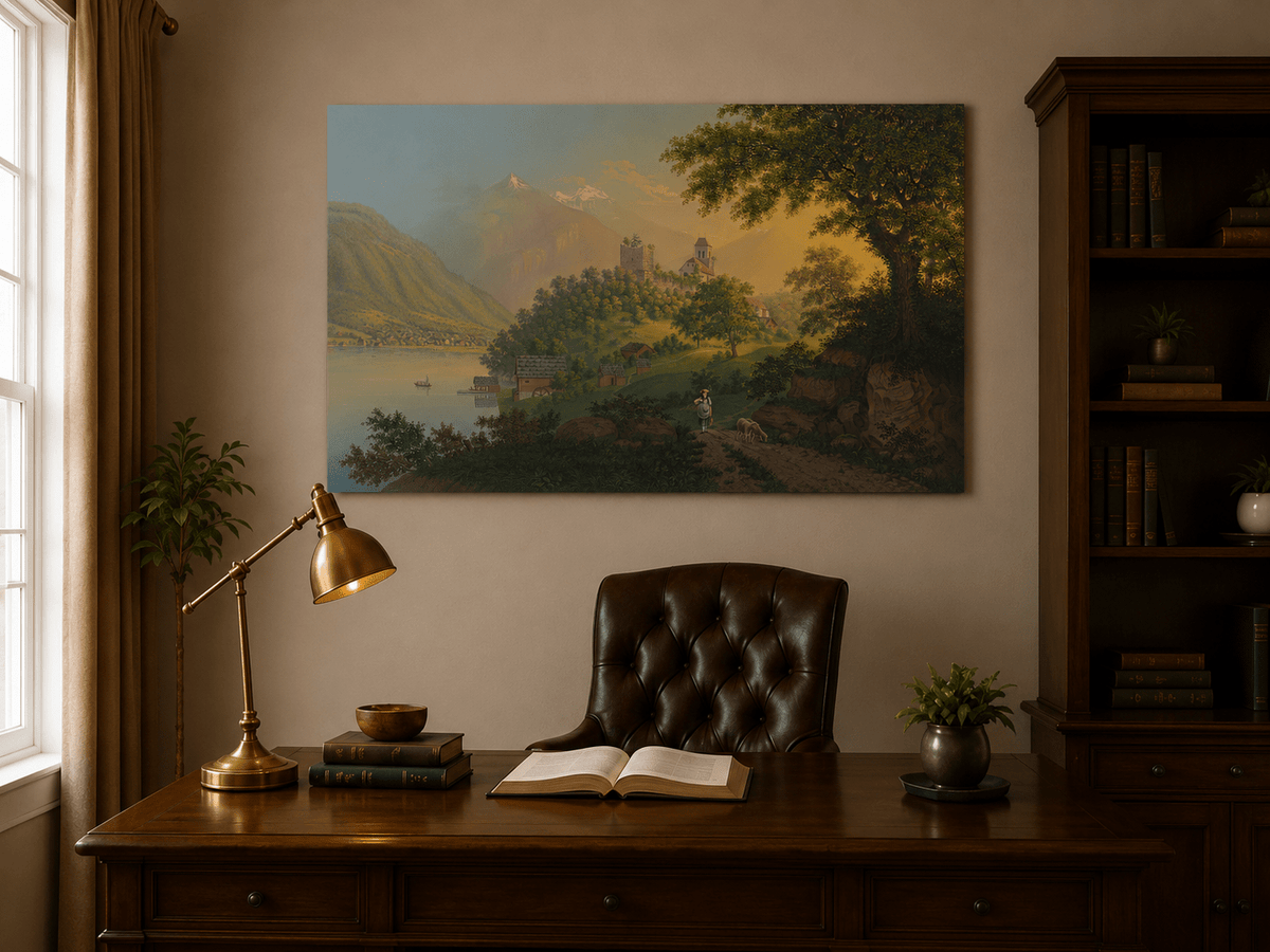 Landscape Oil Painting - Alpine Church, Lake and Mountain Village