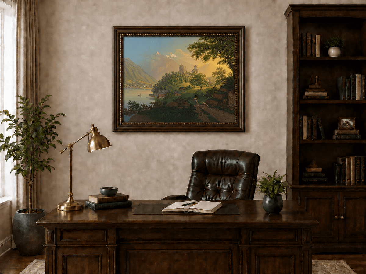 Landscape Oil Painting - Alpine Church, Lake and Mountain Village